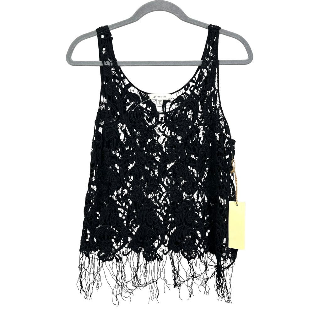 Paper + Tee Womens Crochet Tank Top Black Lace Fringe Hem Boho Overlay Size L*